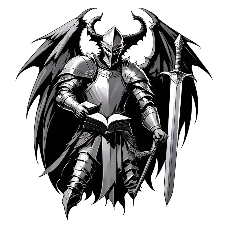 Knight With Demon Wings Holding Book In One Hand And A Sword In The Other