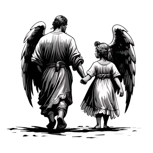 Male Gaurdian Angel Small Daughter Walking Holding Hands From Behind