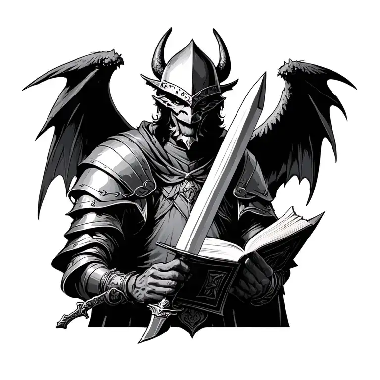 Medieval Knight With Demon Wings Holding Book In One Hand And A Sword In The Other