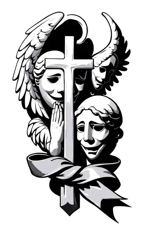 Angel Praying Over 7 Comedy Masks With A Cross With A Ribbon Wrapped Around The Cross