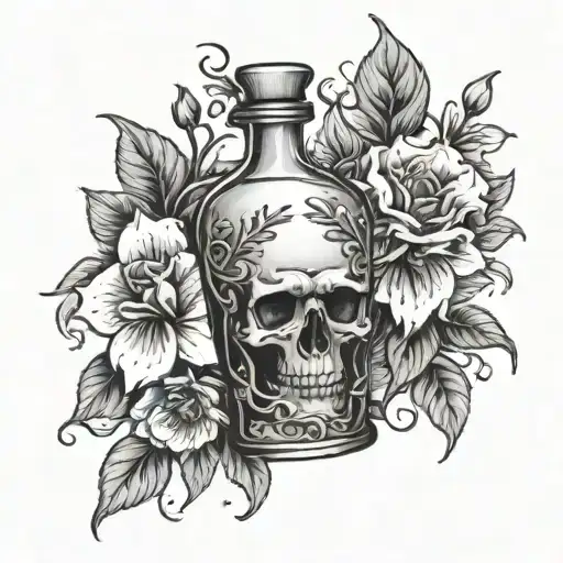 Aqua Tofana Poison Bottle Belladonna Flower Black-and-white