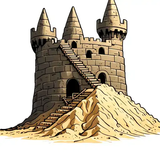 Cartoon Sand Castle Being Built With Stairs On A Pile Of Sand