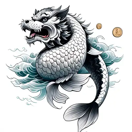 Foo Dog And Koi With Waves And Coins