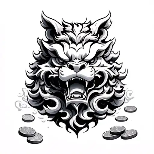 Foo Dog With Waves And Coins