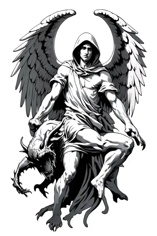 Hooded Arch Angel Defeating A Demon
