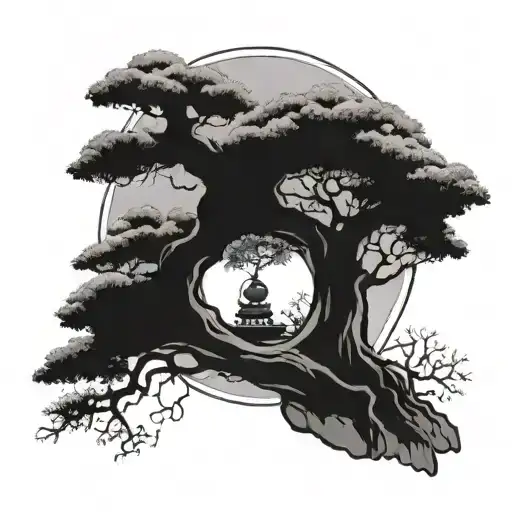 Cross And Bonsai Tree Surrounded