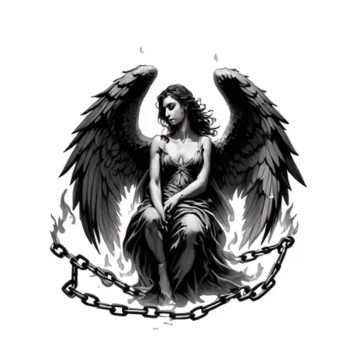 The Fallen Angel With Fire Wings Breaks The Chains