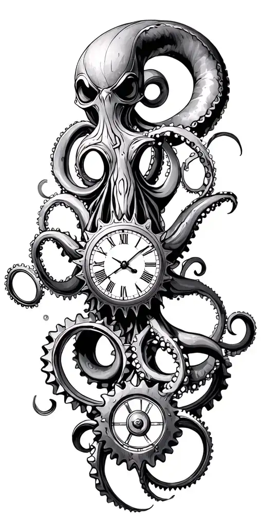 Octopus Warrior Compas Clock Cog Wheels Connected