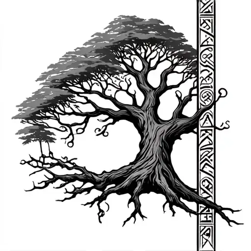 Rugged Tree Of Life With Nordic Runes Going Vertically On Back