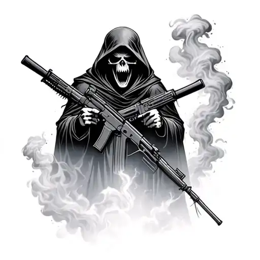 Grim Reaper Holding 2 Assault Rifles Screaming Souls Smoke Behind Him