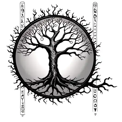 Tree Of Life With Runes Going Vertically On Back Ground