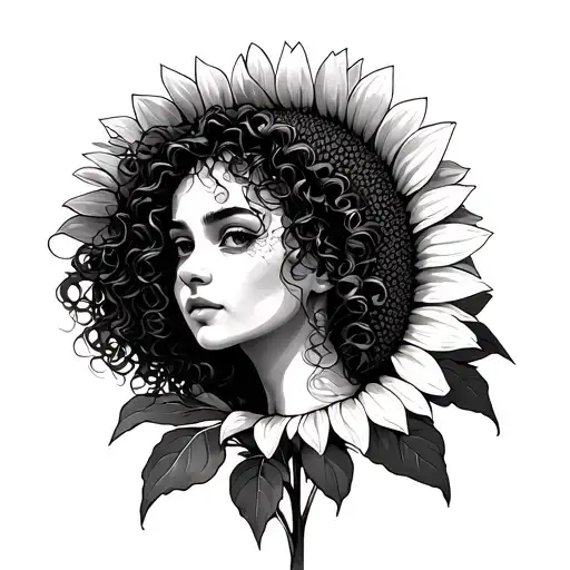 Curly Girl In The Field Of Sunflower