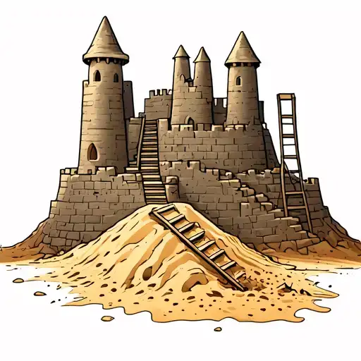 Cartoon Sand Castle Being Built With Stairs On A Pile Of Sand With A Broken Ladder Leaning On It
