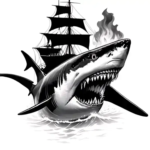 Great White Shark Swimming Black And White With Pirate Ship Above On Fire