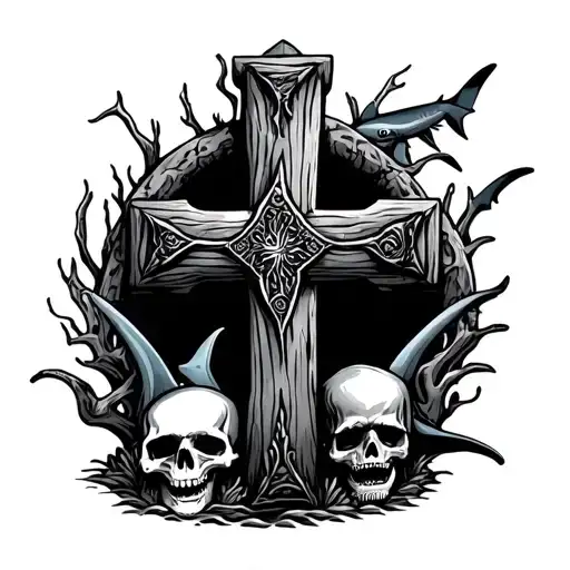 Reef Scene With Ancient Wooden Cross And A Skull And Sharks