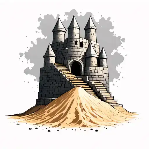 Imperfect Sand Castle Being Built On A Pile Of Sand With Stairs Leading To It