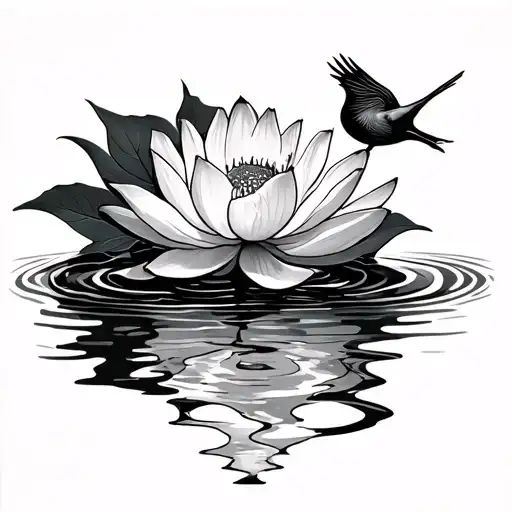 Lotus On Top Of Water Ripples And Nightshades Accordingly With A Nightengale Bird
