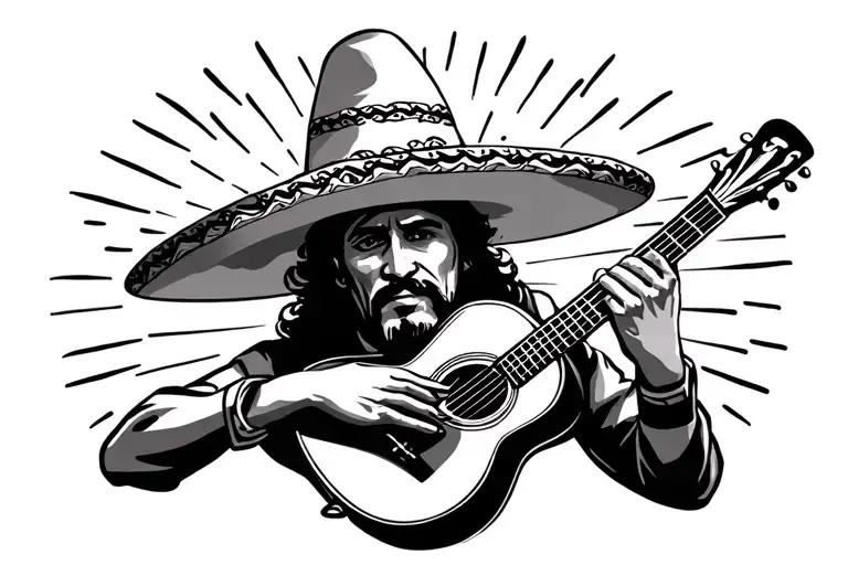 Mexican Man Playing A Guitar With A Sombrero Covering His Face In Traditional Style