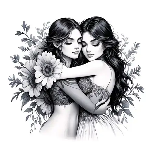 2 Women Hugging One Taller Than The Other With Flowers