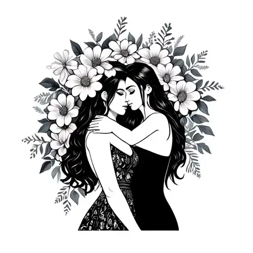 2 Women Hugging One Taller Than The Other With Flowers Line Art