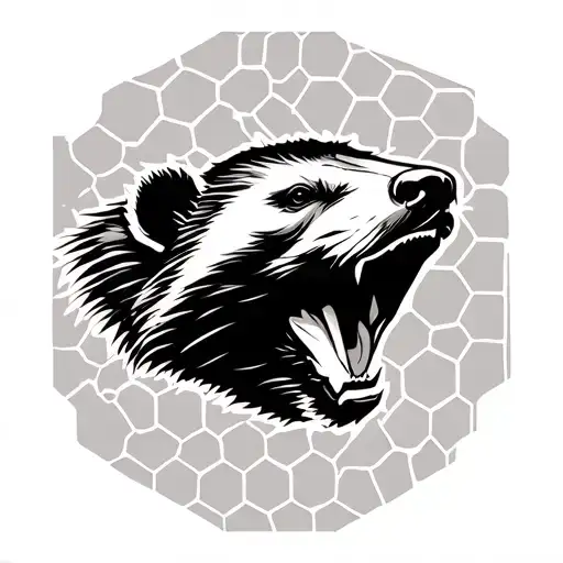 Head Of An Honey Badger With Mouth A Little Bit Open On The Background Of Honeycombs