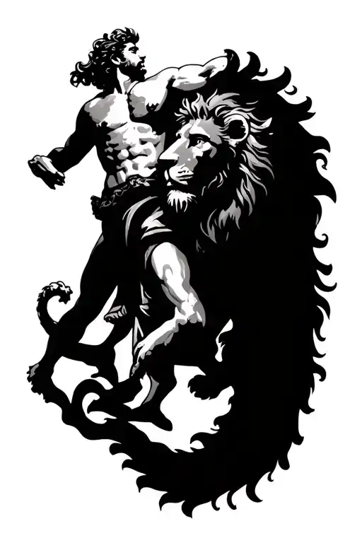 Greek God Apollo Defeating A Lion Black And Grey