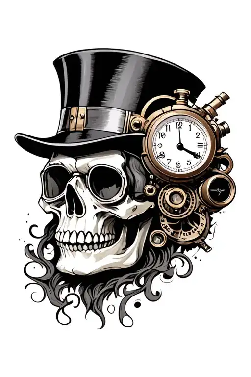 Steampunk Skull Wearing Top Hat And Goggles With Clock