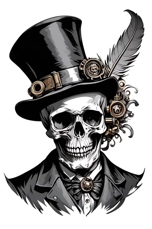 Steampunk Skull Wearing Top Hat With Feather