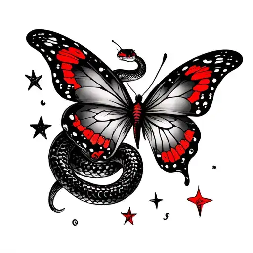 Full Sleeve Snake Butterfly Stars Red Ink Black Ink