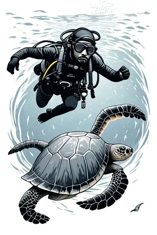 Scuba Diver Exploring The Depths And Turtles Swimming