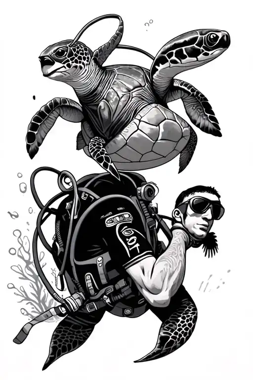 Male Scuba Diver And Fighting Turtle Surrounded