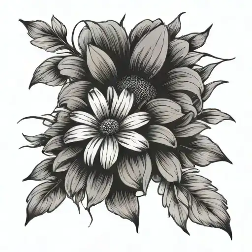 2 Thin Lined Daisy's With Crossing Stems And A Dog Paw