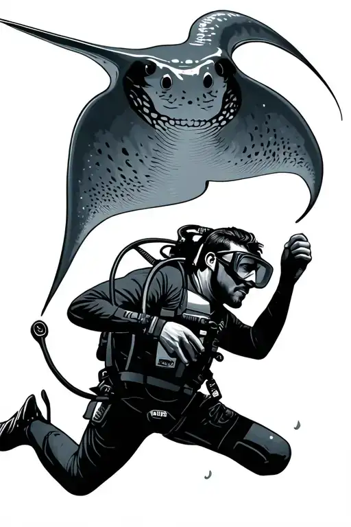 Male Scuba Diver And Stingray Swimming