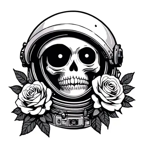 A Cartoon Astronaut With A Moon For A Head And Roses With A Skull Face