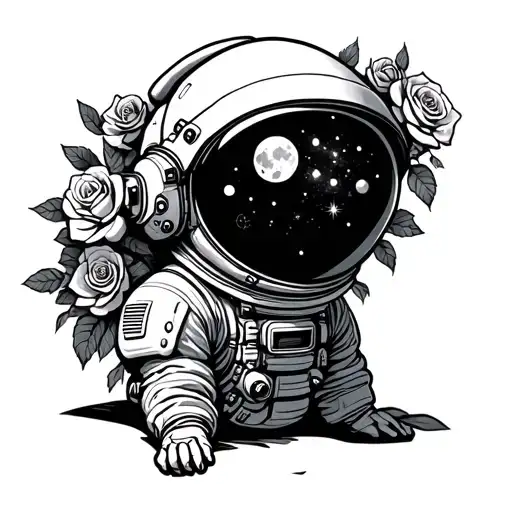 A Cartoon Astronaut With A Moon For A Head And Roses Spilling Out Of The Spacesuit