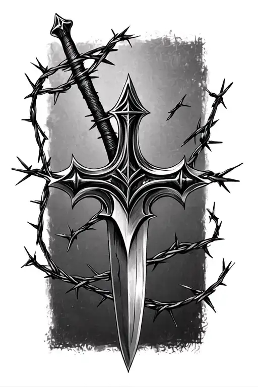 Barbed Wire Going Arcoss A Cross Shaped Dagger Going