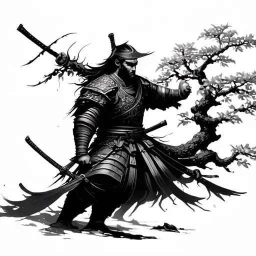 Japanese Temple Cherry Tree Samurai Warrior
