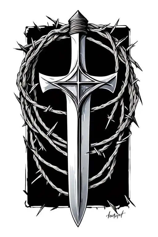 Barbed Wire Going Around A Cross Shaped Sword