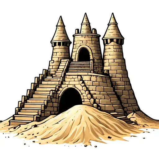 Cartoon Sand Castle With Stairs Leading To It On A Pile Of Sand