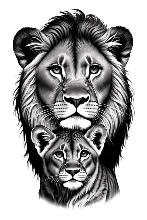 Girl Lion And Cub Looking Straight Ahead