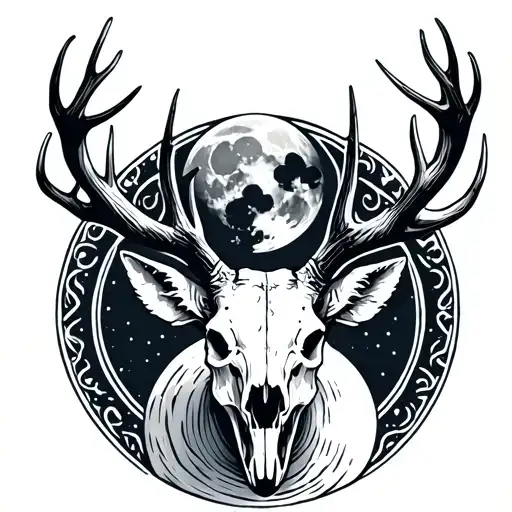 Deer Skull With Full Moon In Antlers