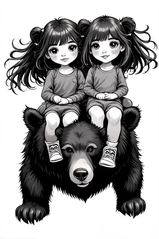 Anime Style Tattoo Of Two Daughters Riding A Bear
