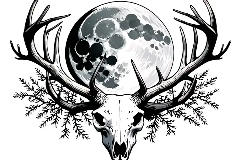 Deer Skull With Full Moon In Antlers