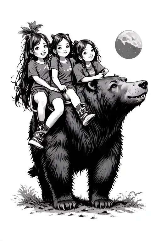 Anime Style Tattoo Of Two Daughters Riding A Big Bear