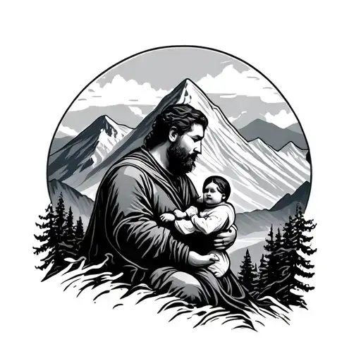 Mountain And Man Holding A Baby