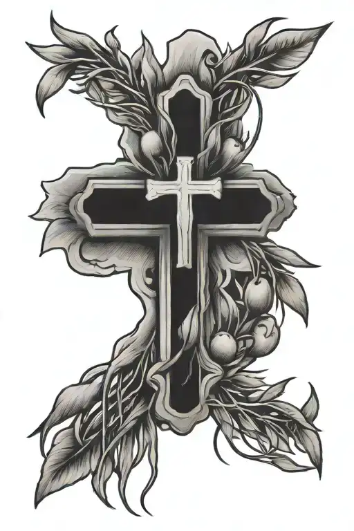 A Thin Cross With Olive Branch Coming Out The Ends Of The Cross