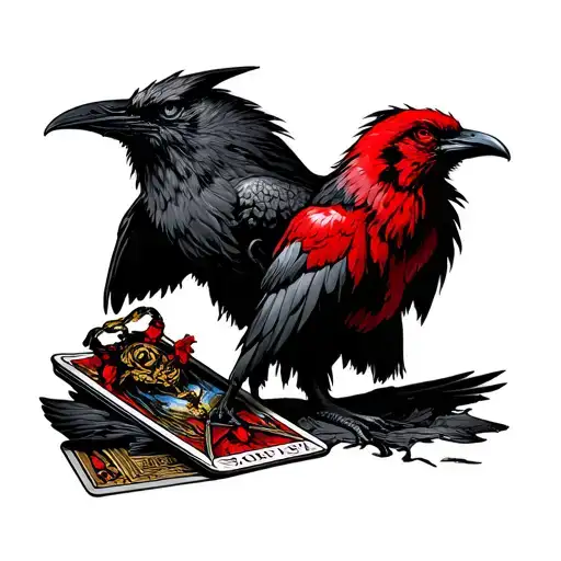 Red Ravenstanding With A Tarot Crads