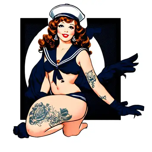 Pin Up Sailor Girl Wearing White Sailore Hat And Two Piece Navy Blue Jumper Set Kneeling On Her Feet