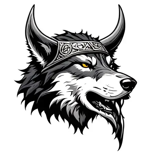Viking Facea Wolf's Head As A Capadd Runes Engraved