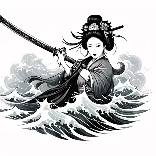 Geisha Holding A Katana Sword Surrounded By Waves Crashing